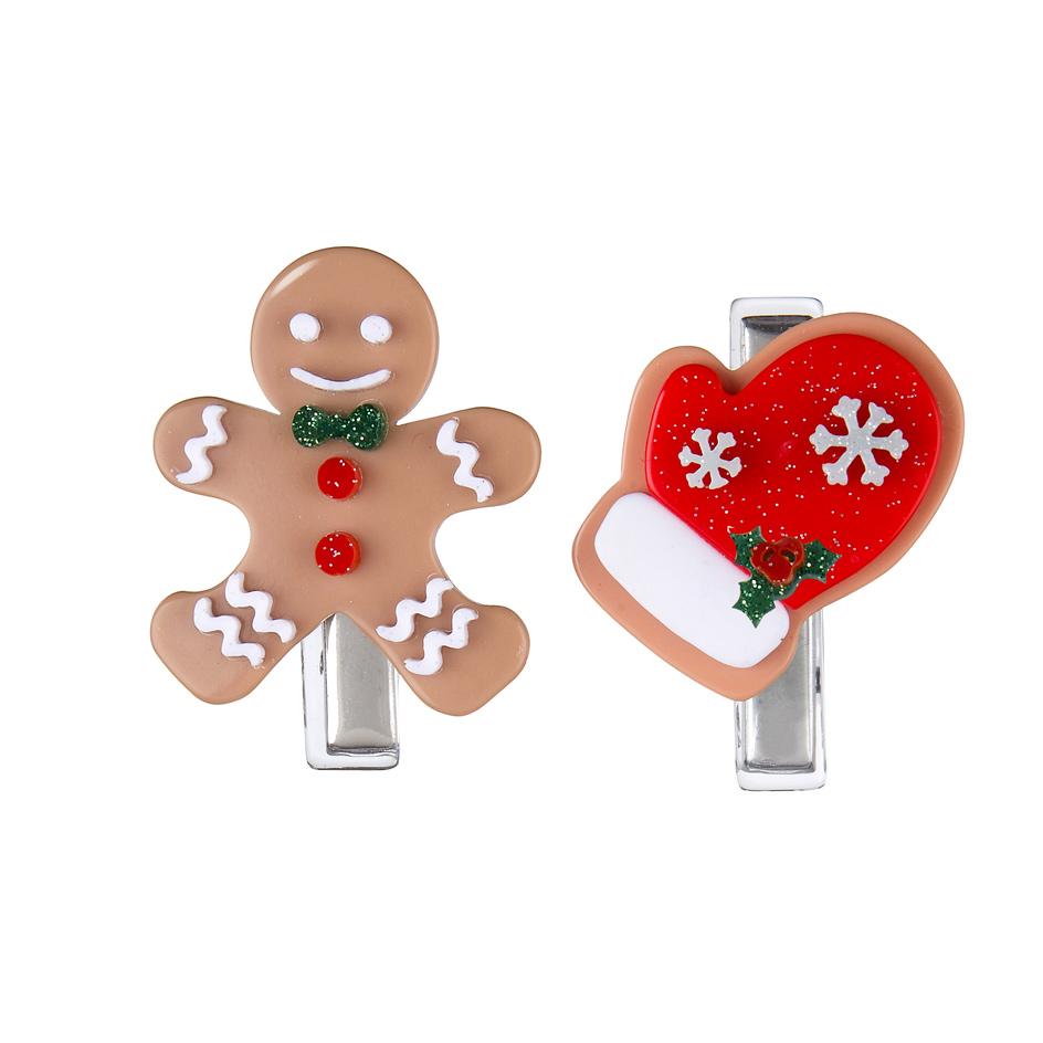 Red Mitten + Happy Gingerbread Man Hair Clips